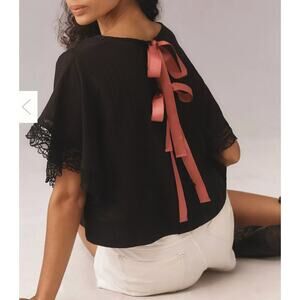 NWT Anthropologie Maeve Short Sleeve Sheer Lace Bow-Back top sz L